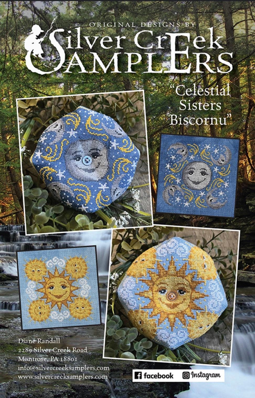 Celestial Sisters Biscornus pattern by Silver Creek Samplers