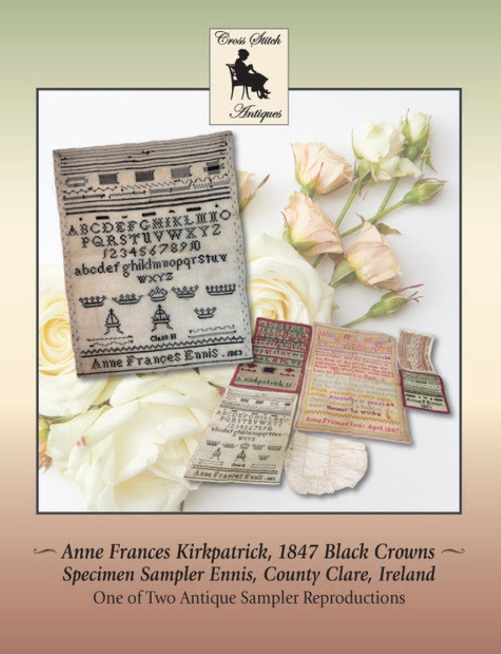 Anne Frances Ennis 1853 Black Crowns Specimen Page, An Irish Antique Sampler Reproduction pattern by Cross Stitch Antiques