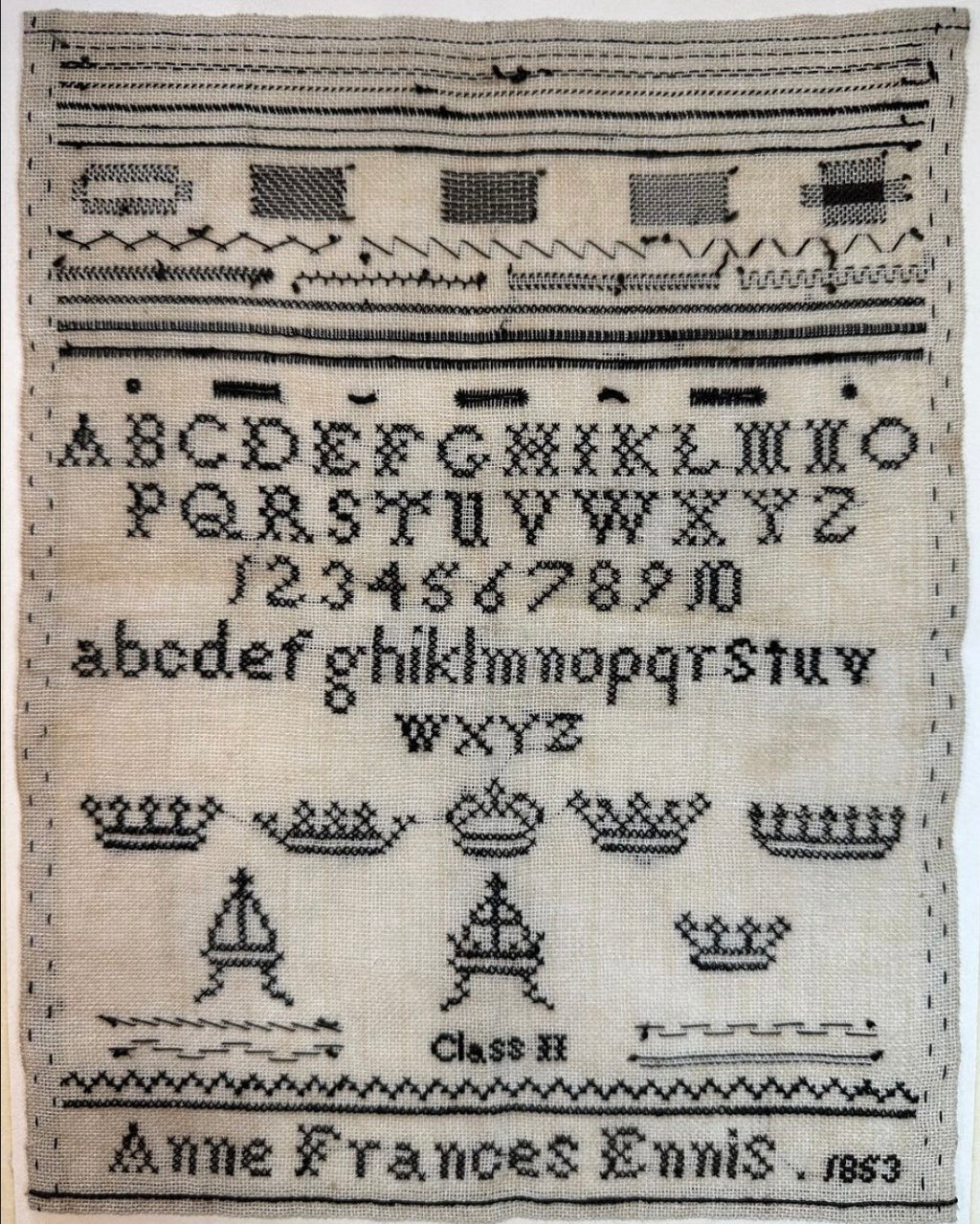 Anne Frances Ennis 1853 Black Crowns Specimen Page, An Irish Antique Sampler Reproduction pattern by Cross Stitch Antiques