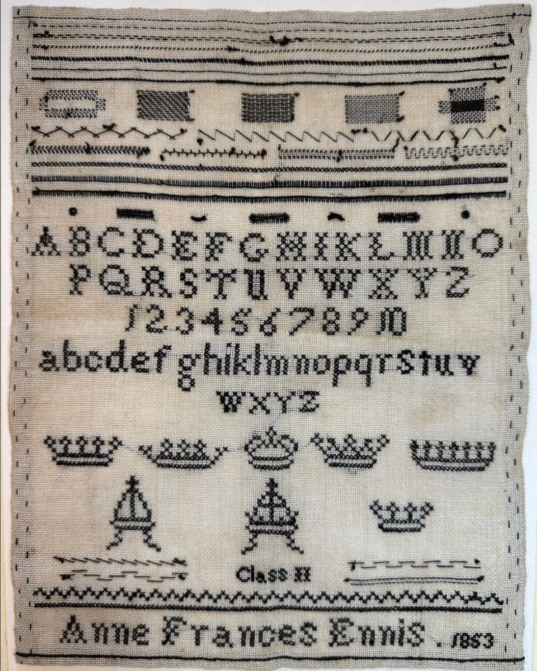 Anne Frances Ennis 1853 Black Crowns Specimen Page, An Irish Antique Sampler Reproduction pattern by Cross Stitch Antiques