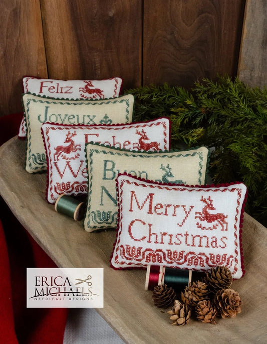 Merry Christmas pillow patterns by Erica Michaels Needleart Designs