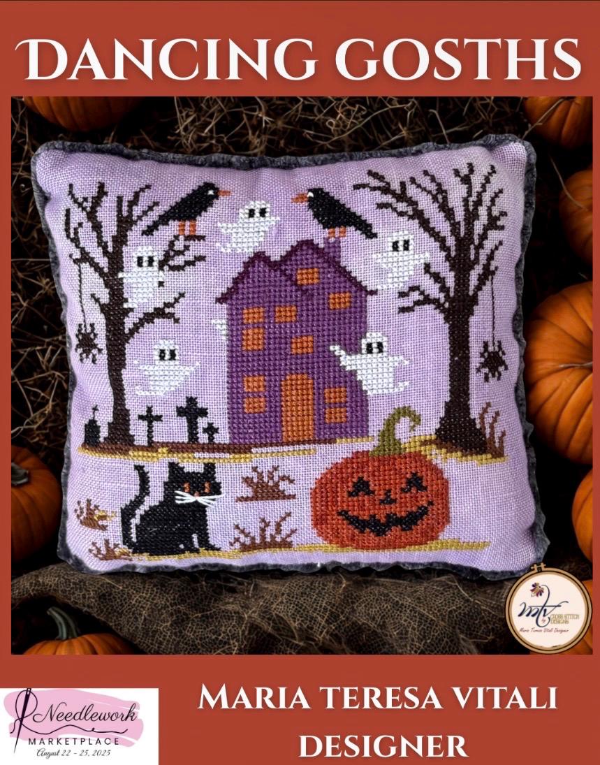 Dancing Ghosts pattern or 32 ct Linen “Lilac Dust” by MTV Cross Stitch Designs