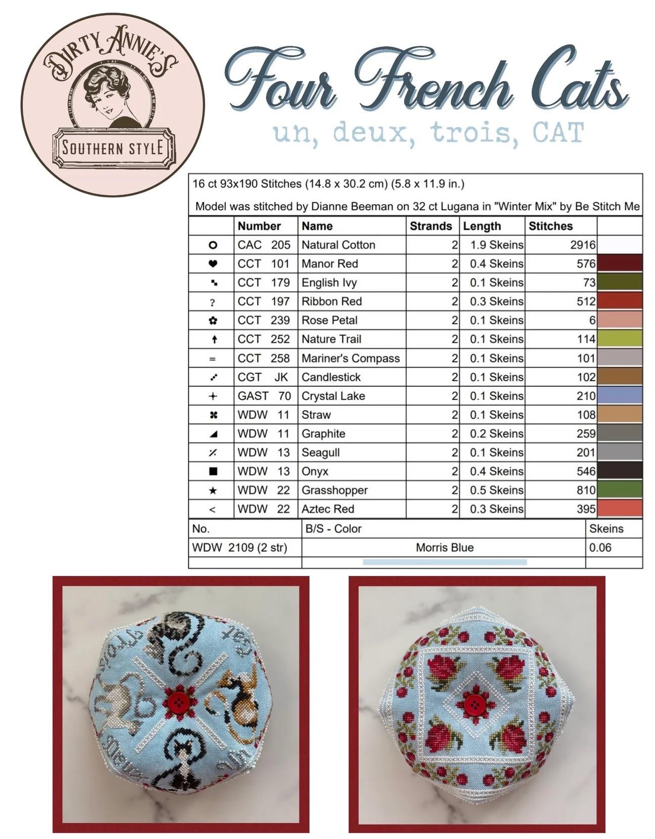 Four French Cats Biscornu pattern by Dirty Annie’s Southern Style