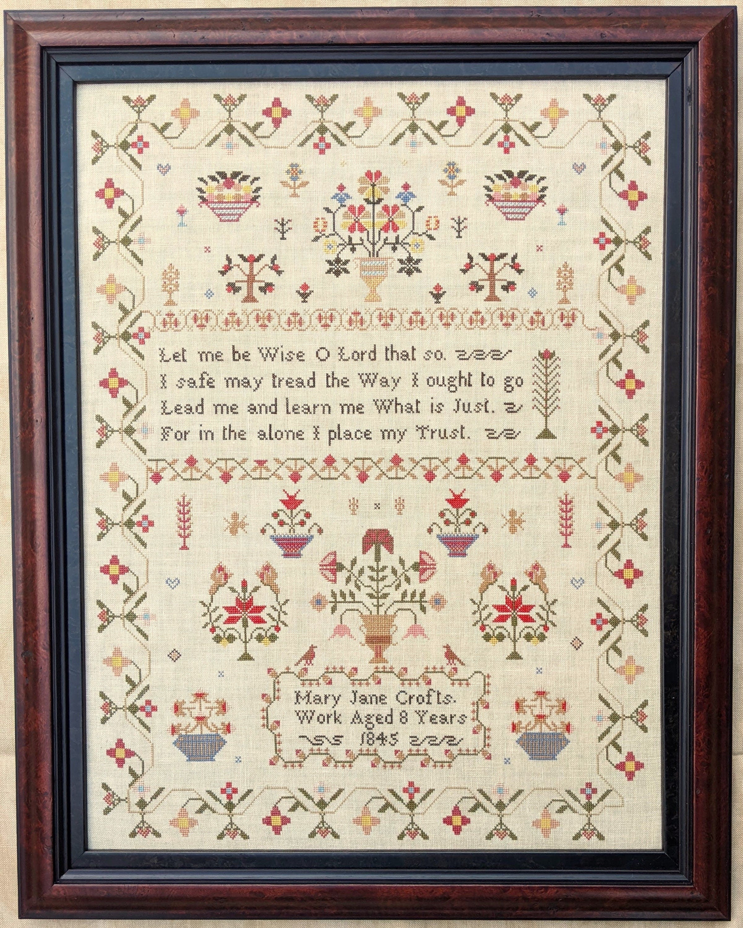 Mary Jane Crofts 1845 reproduction sampler by Lila’s Studio