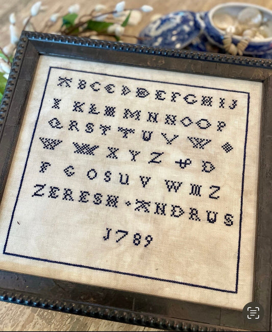 Zeresh Andrus 1789 Sampler pattern by Annie Turner “The Proper Stitcher”